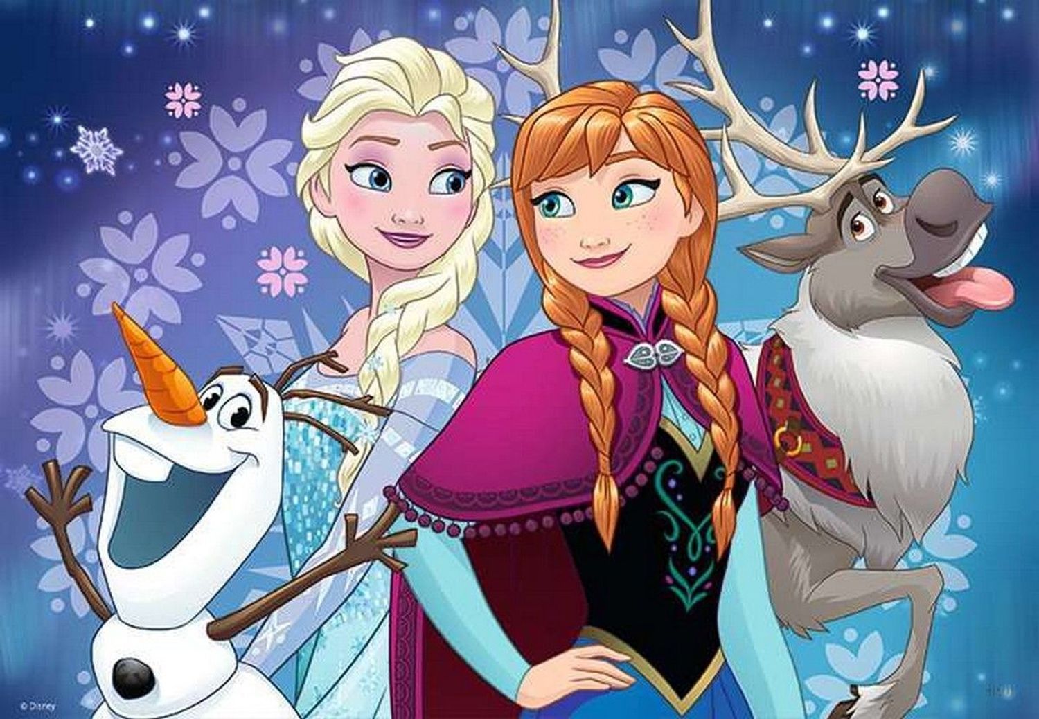 Puzzle con Elsa, Anna, Olaf e Sven. Sfondo con fiocchi di neve. Personaggi del film Frozen.
