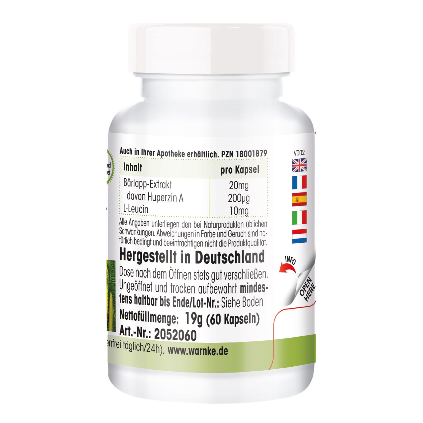 Retro del flacone bianco. Testo: Contenuto per capsula, prodotto in Germania, peso netto 19g (60 capsule).