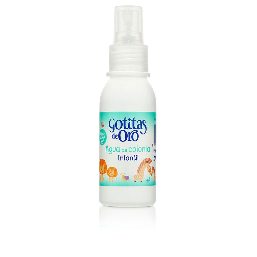 Flacone bianco con vaporizzatore. Etichetta con nome del prodotto e illustrazioni. Testo: Agua de colonia Infantil.