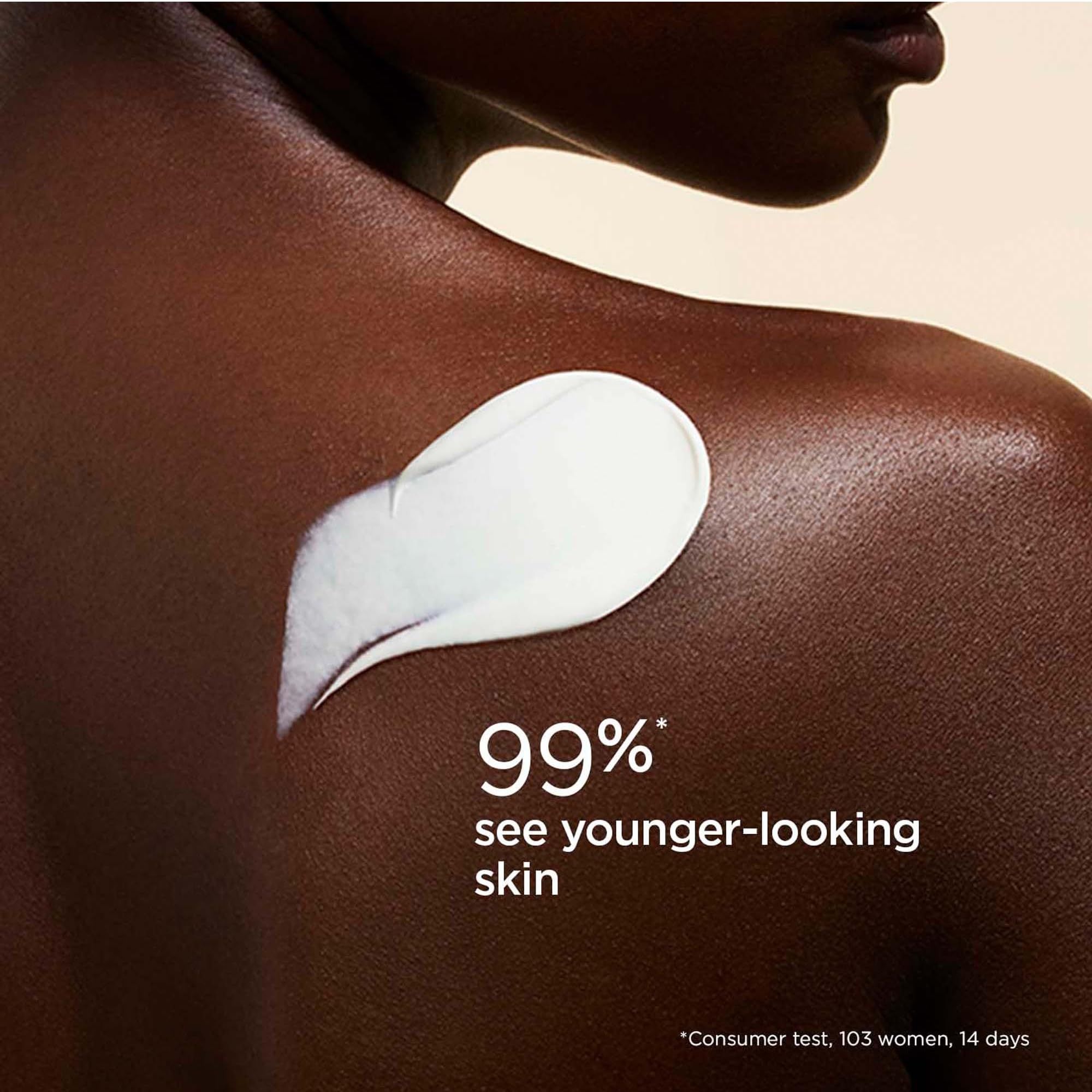 Pelle con crema solare. Macchia bianca sulla schiena. Testo: 99% vedono una pelle dall'aspetto più giovane. Test consumatori.