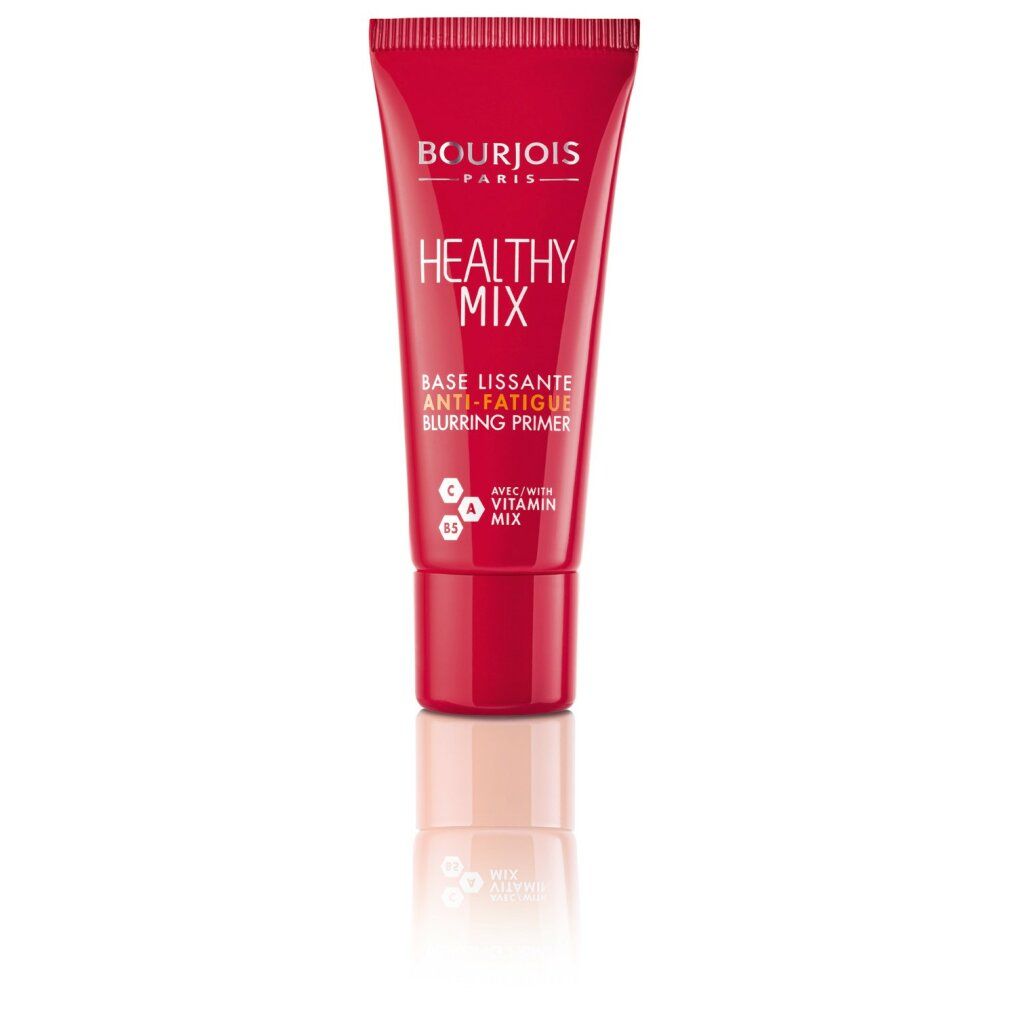 Tubo rosso HEALTHY MIX, BASE LISSANTE ANTI-FATIGUE. Marchio Bourjois. Contiene vitamina C e B5.