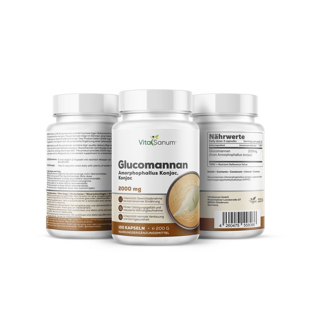 Tre flaconi con capsule. Scritta: VitaSanum, Glucomannano 2000 mg. Immagine radice di konjac. 100 capsule. Valori nutrizionali.