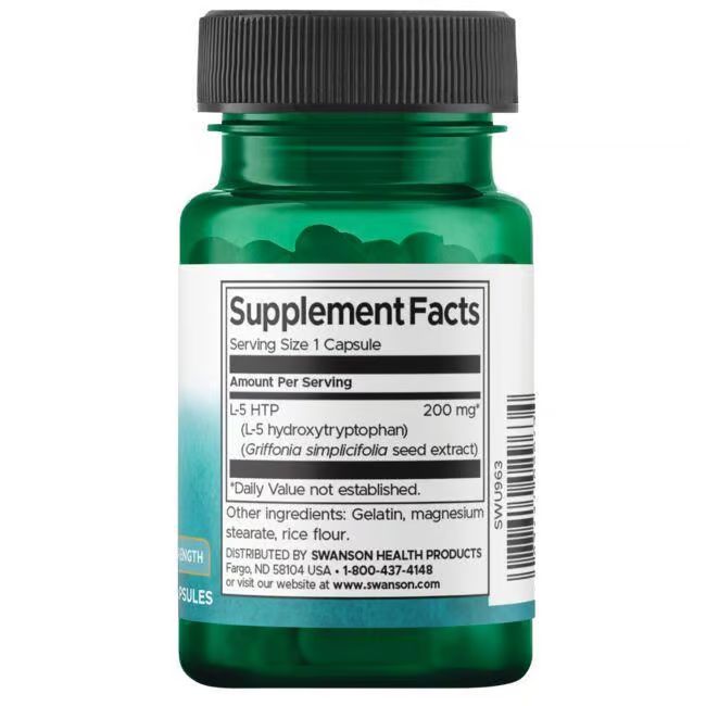 Retro del flacone verde. Etichetta con informazioni nutrizionali. Contiene L-5 HTP (200mg) e altri ingredienti.