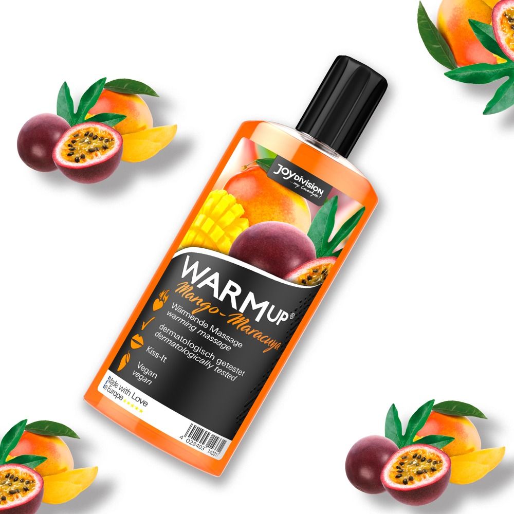 Flacone di liquido da massaggio WARUP Mango-Frutto della passione con frutta e sigilli.