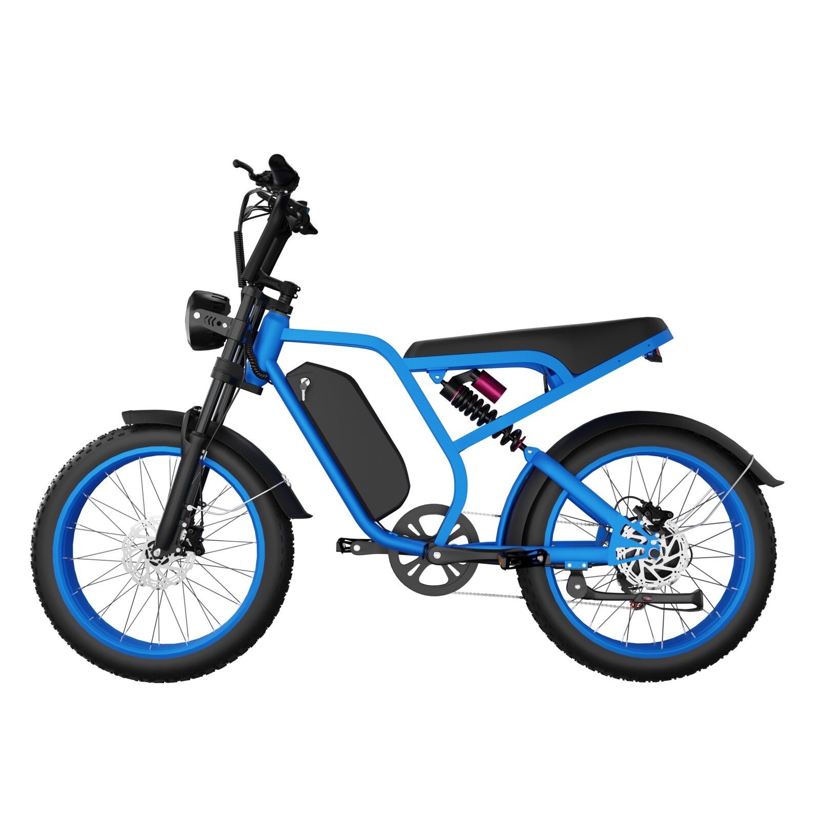 E-bike blu con sella nera, faro e batteria.