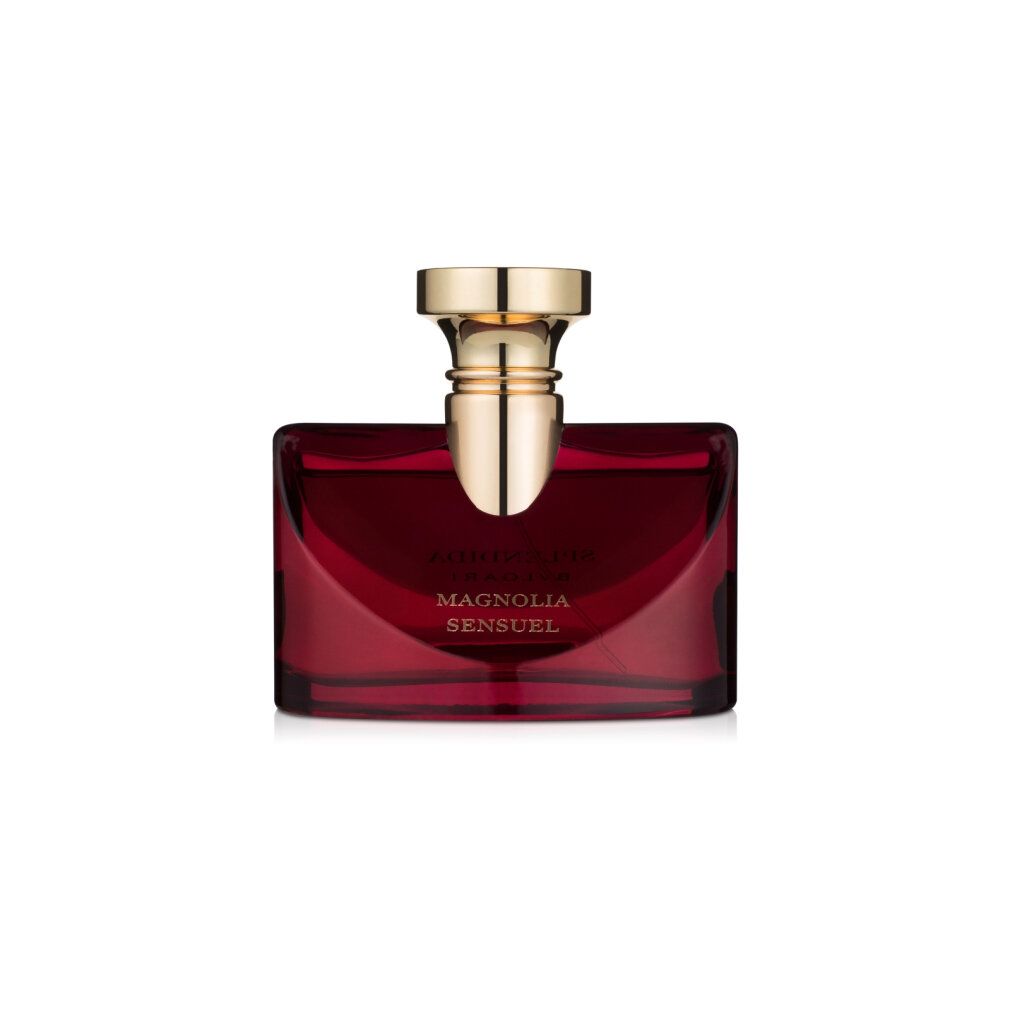 Flacone di profumo in vetro rosso con tappo dorato, scritta "MAGNOLIA SENSUEL".