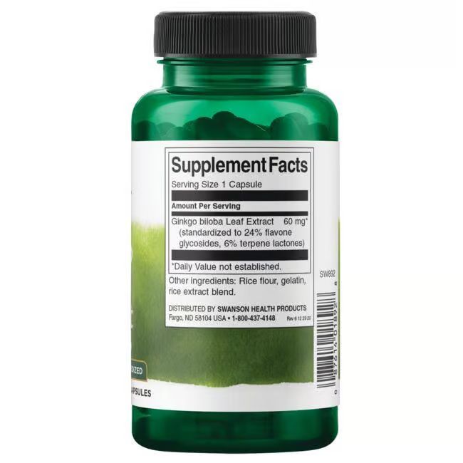 Retro di un flacone verde con tappo nero. Scritta: Supplement Facts. Contiene estratto di Ginkgo Biloba.
