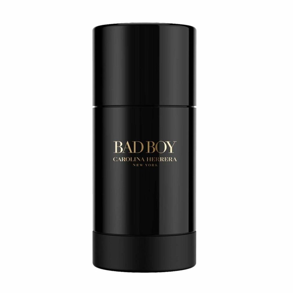 Stick deodorante nero con scritta dorata BAD BOY, CAROLINA HERRERA NEW YORK. Forma cilindrica.