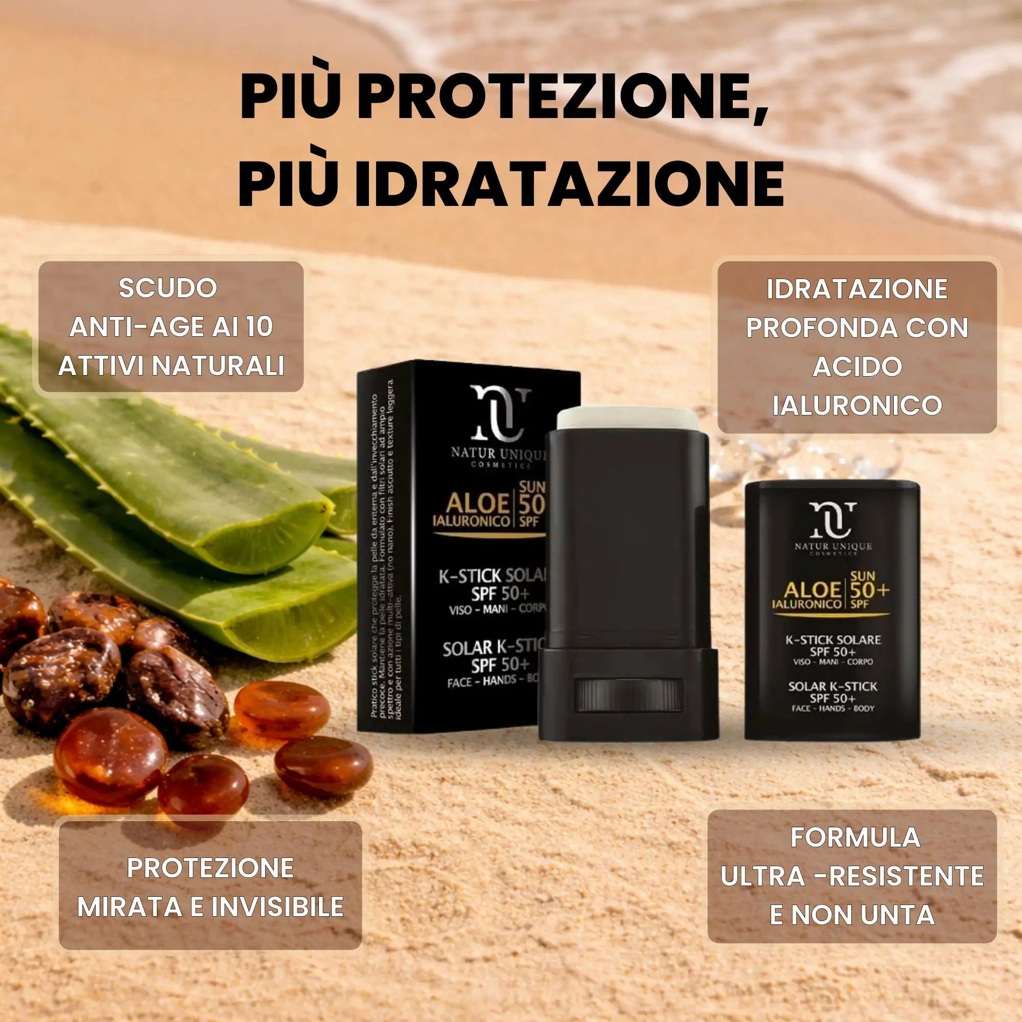 K-Stick Solare SPF 50+ con Aloe 50+ e acido ialuronico. Prodotto accanto a foglia di aloe e oggetti marroni. Testo: Più protezione, più idratazione.