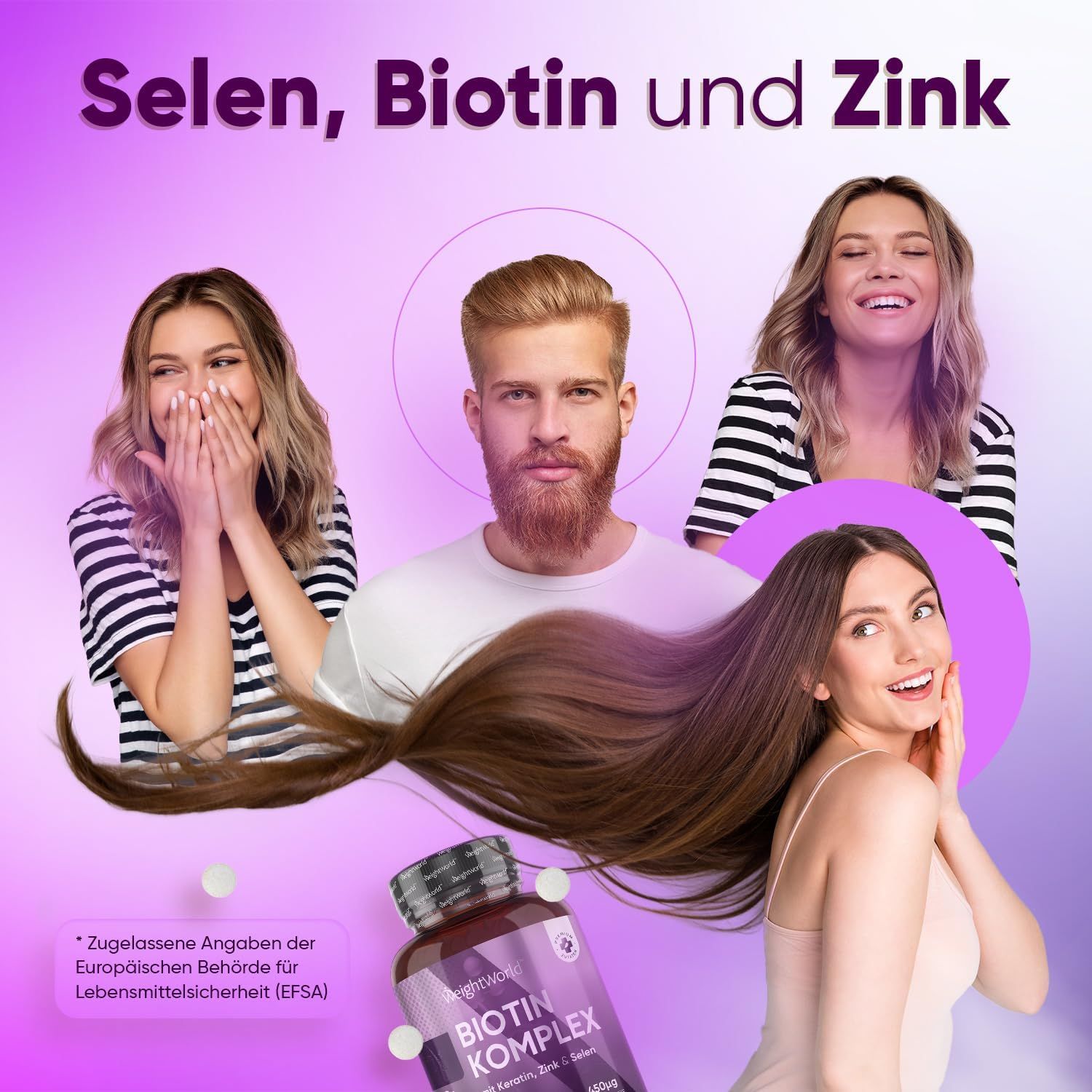 Persone con capelli e flacone. Scritta: Biotina Complesso con cheratina, zinco e selenio. Elementi aggiuntivi: Selenio, biotina e zinco.