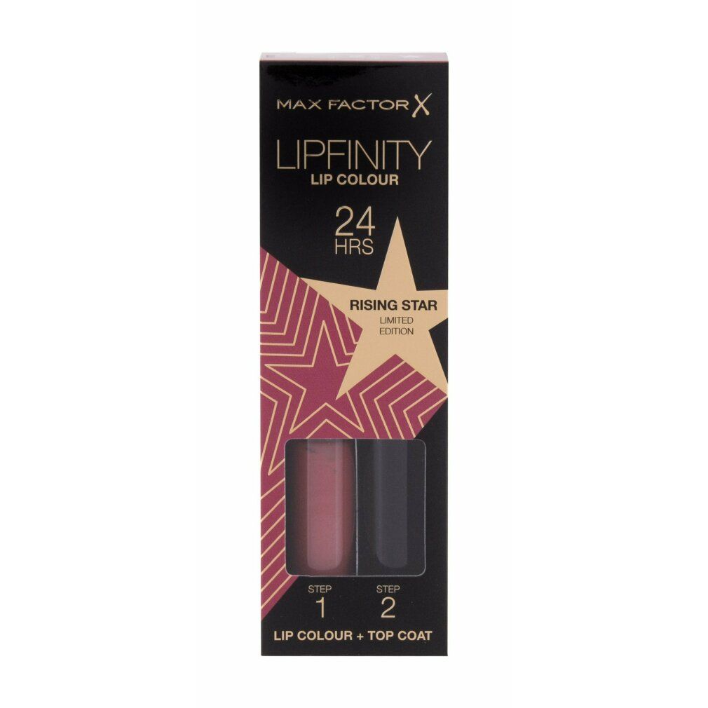 Confezione Max Factor Lipfinity. Scatola nera con motivo a stelle. Contiene due colori labbra.