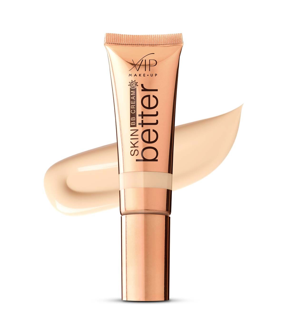 Tubo di BB cream con la scritta 'better SKIN BB CREAM'. Accanto, una striscia di crema beige chiaro.