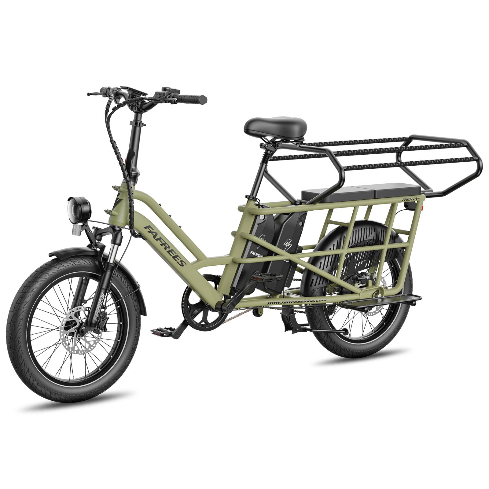Bicicletta elettrica cargo verde con due batterie e ampio portapacchi posteriore.