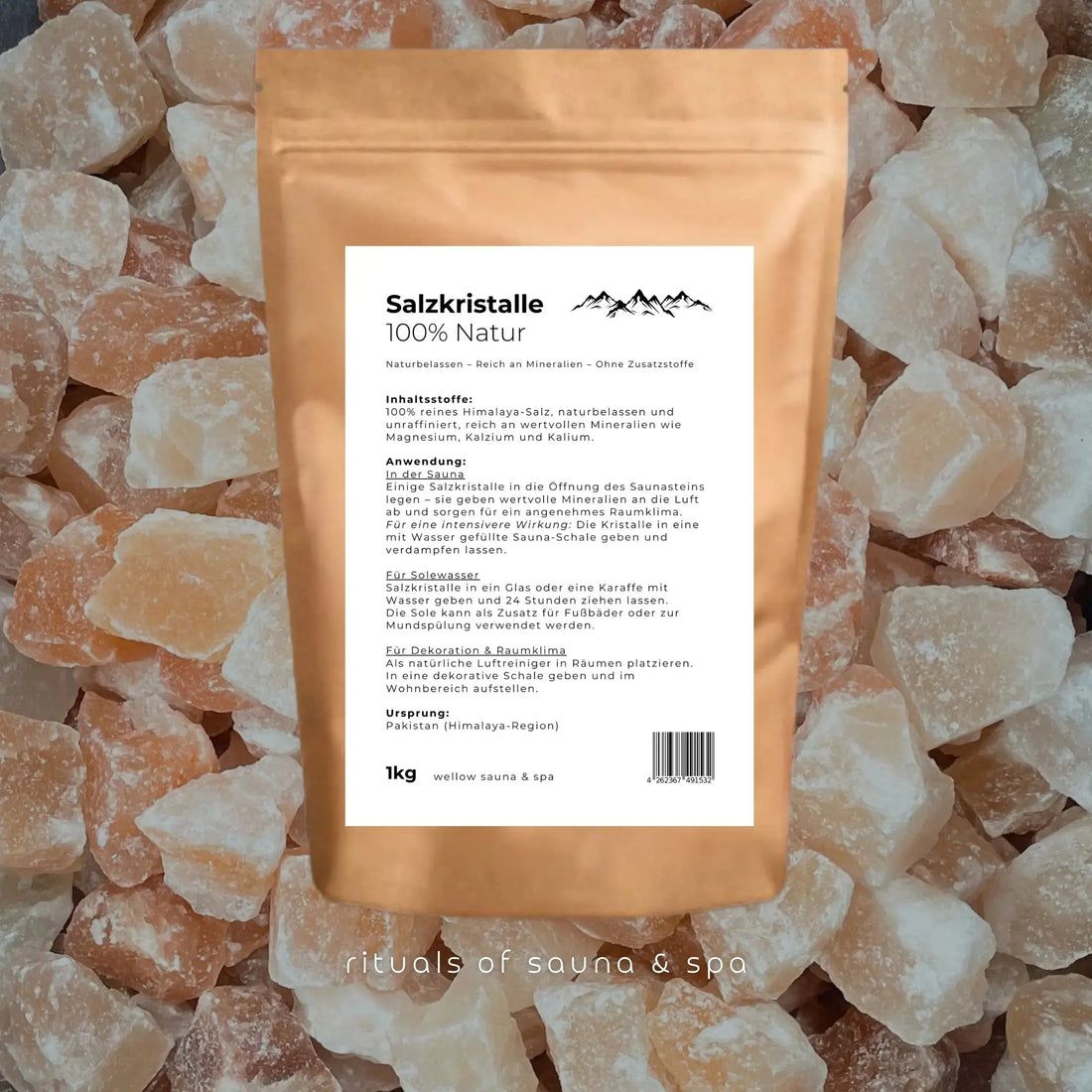 Sacchetto con pezzi di sale. Testo: 100% Naturale. Rituals of sauna & spa. 1kg. Simbolo di montagne.