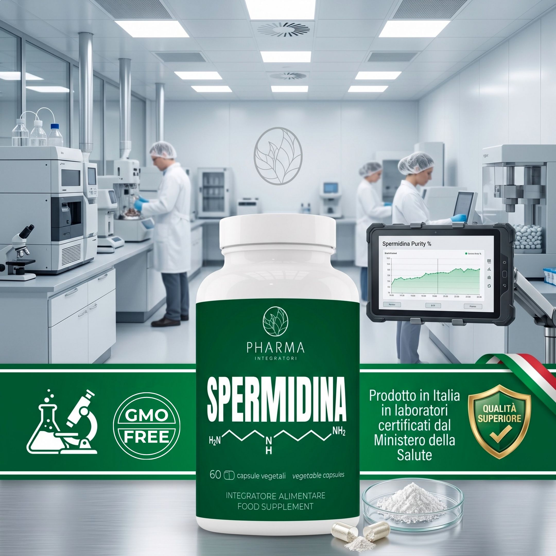 Flacone Pharma Integratori Spermidina in laboratorio. Senza OGM, prodotto in Italia, qualità certificata.