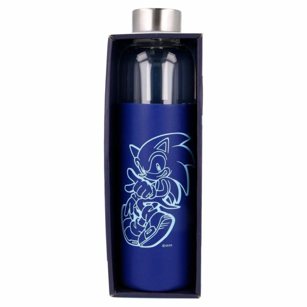 Bottiglia di vetro blu con motivo Sonic in confezione. Tappo a vite in acciaio inox. Confezione blu scuro.