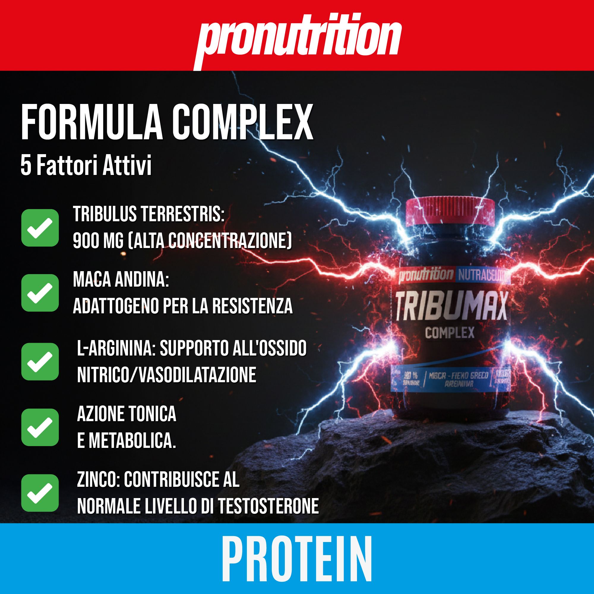 Flacone nero, tappo rosso, TRIBUMAX COMPLEX. Effetti fulminei e informazioni sul prodotto.