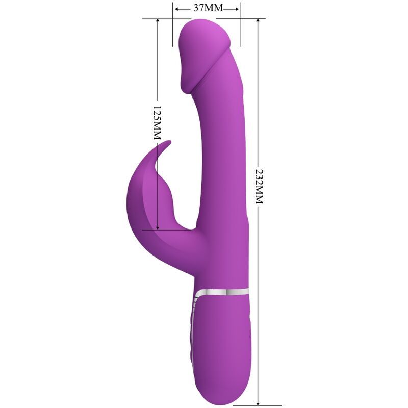 Vibratore coniglio viola con dimensioni: 232mm lunghezza, 37mm larghezza, 125mm altezza.