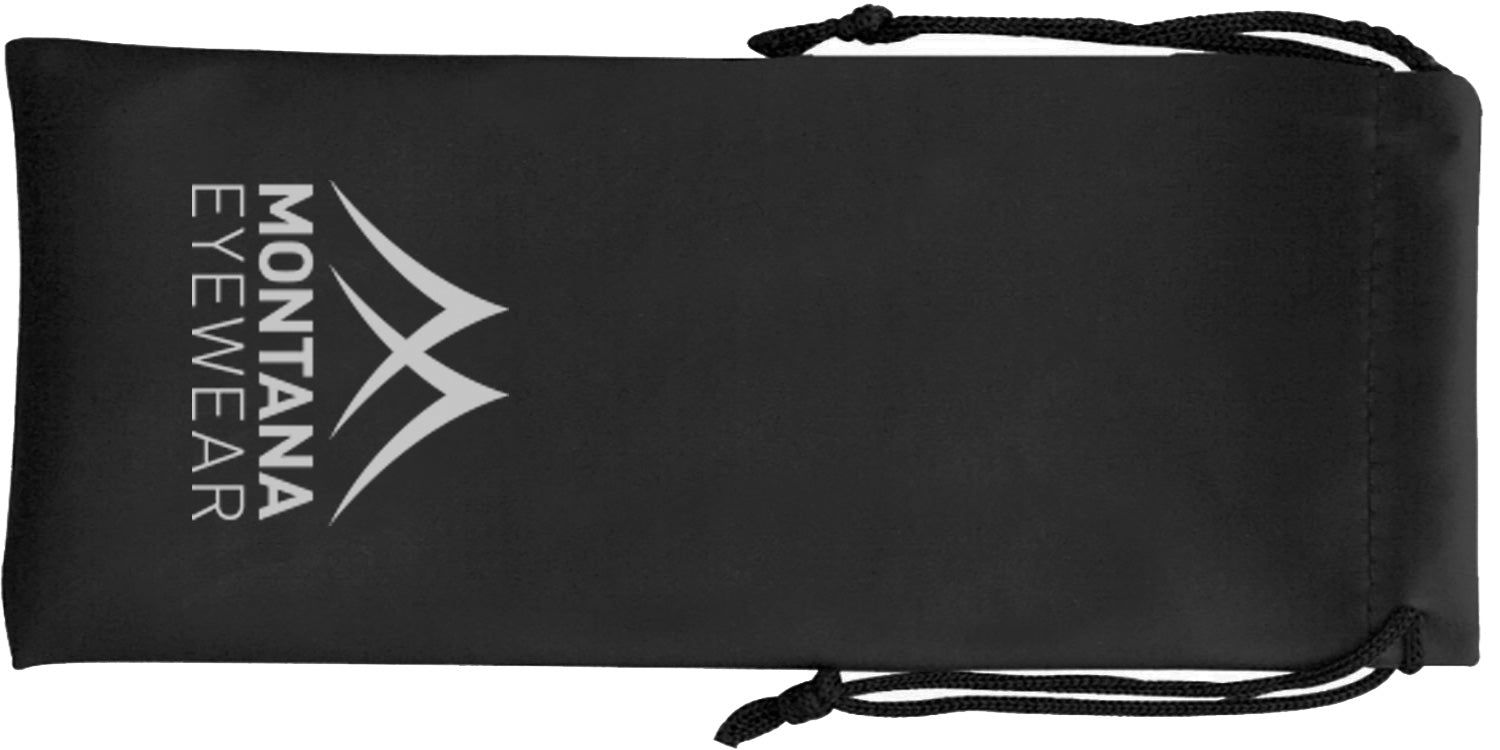 Custodia nera per occhiali con logo "MONTANA EYEWEAR" e coulisse.