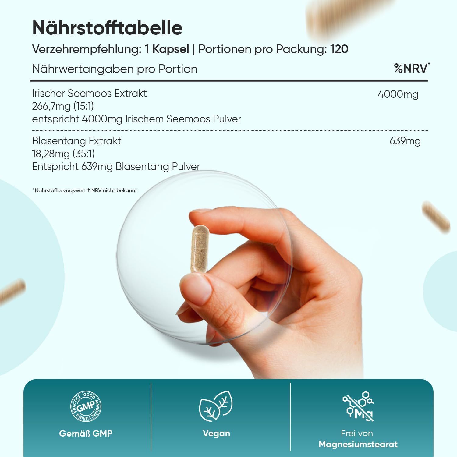 Tabella nutrizionale con ingredienti e dosaggio delle capsule di muschio irlandese. Mano che tiene una capsula. GMP, Vegan, senza stearato di magnesio.