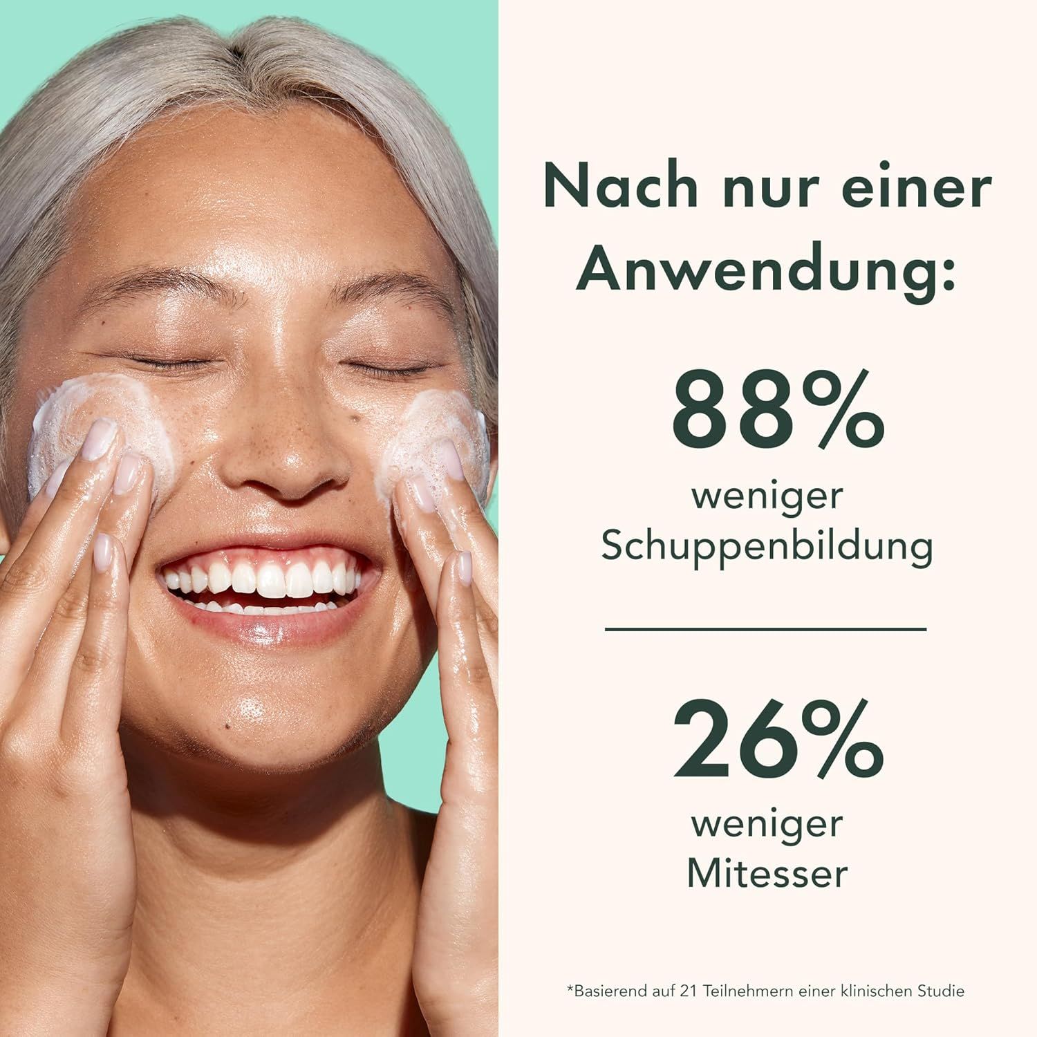 Donna con detergente sul viso. Testo: 88% meno desquamazione, 26% meno punti neri dopo l'uso.