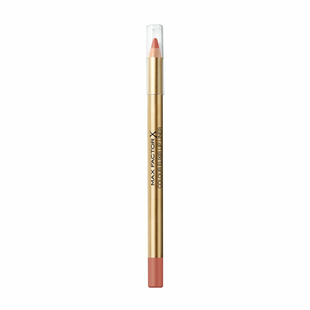 Matita labbra dorata con cappuccio trasparente. Scritta: Max Factor Colour Elixir Lipliner.