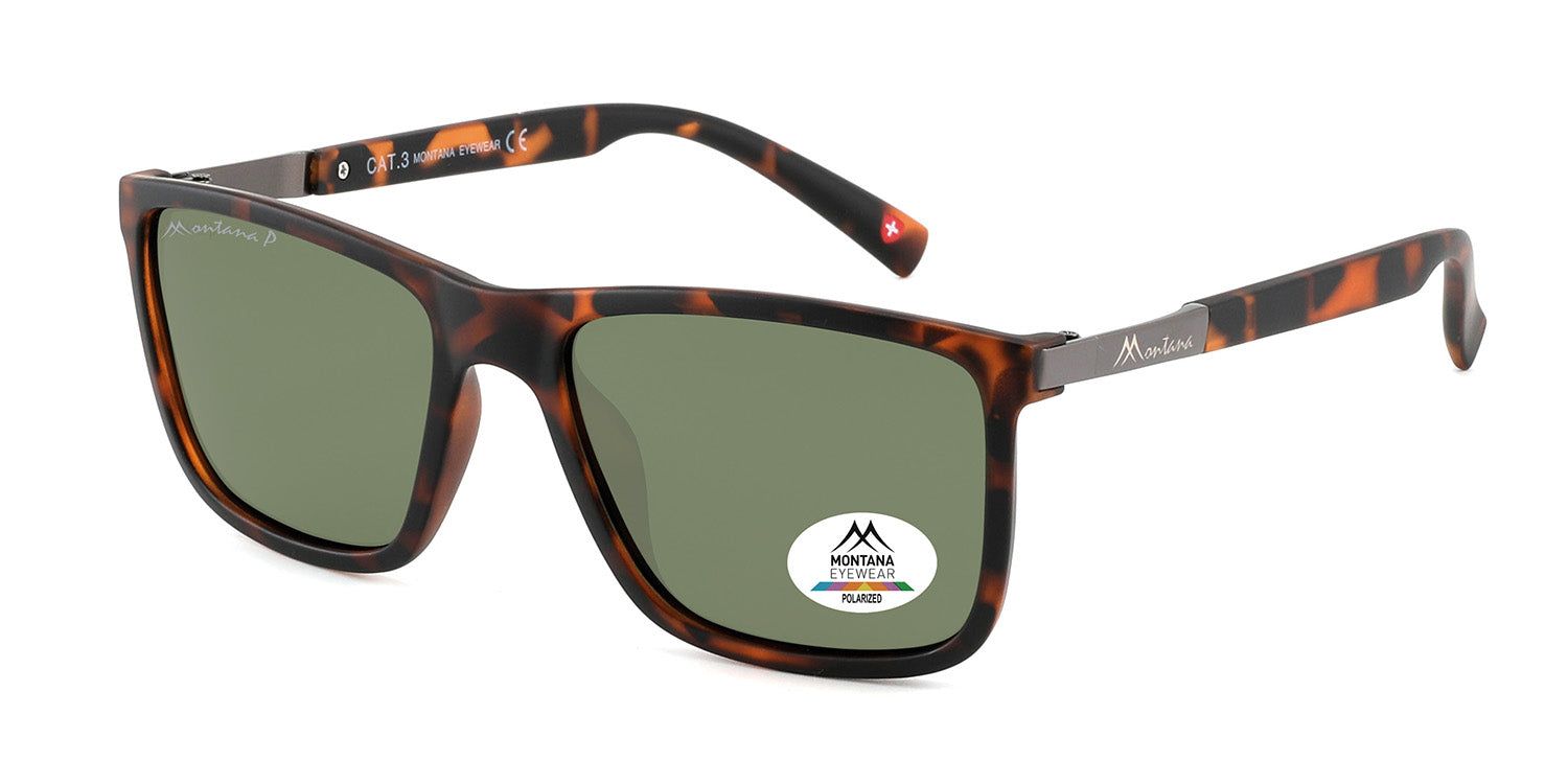 Occhiali da sole con montatura marrone e lenti verdi. Aste in metallo e logo Montana Eyewear. Adesivo sulla lente.
