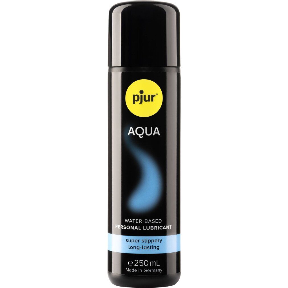 Flacone nero con logo giallo e liquido blu. Scritta: pjur AQUA, lubrificante personale a base d'acqua.