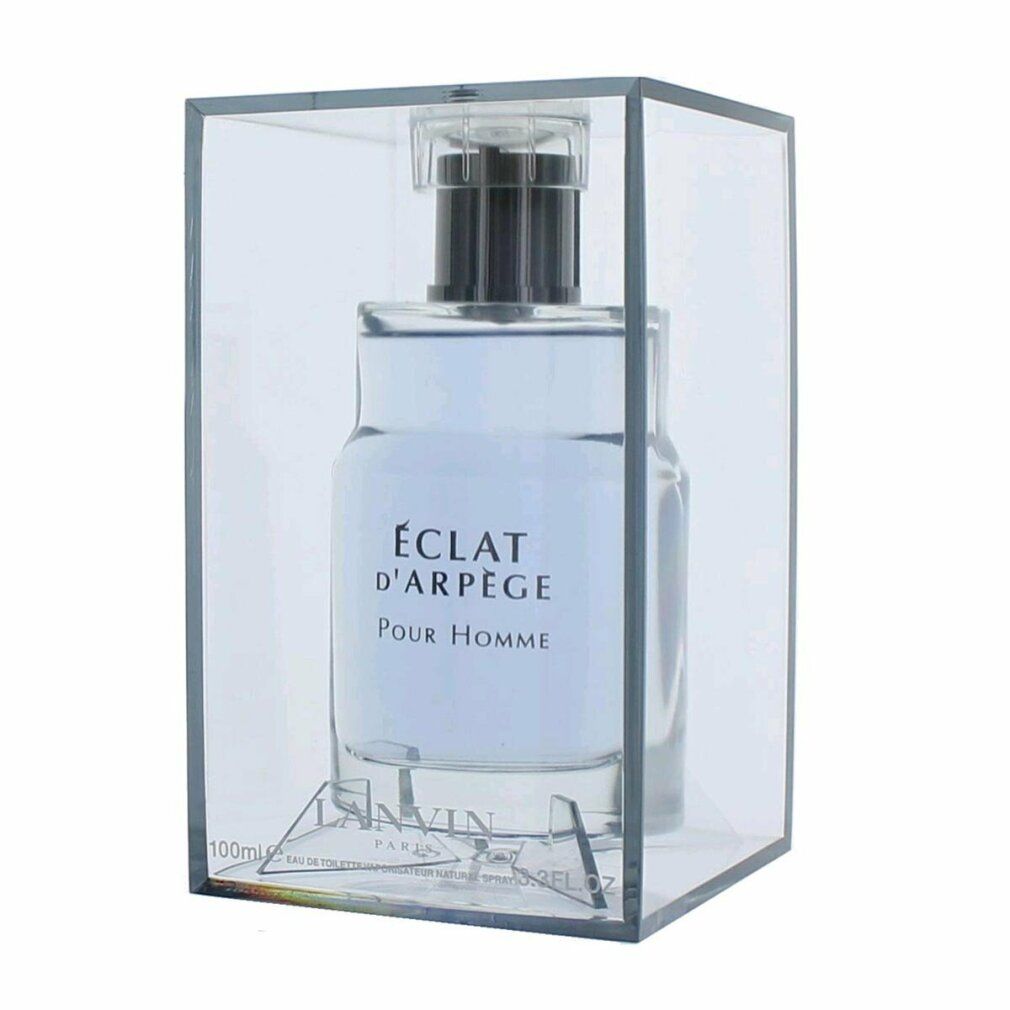 Flacone di profumo azzurro chiaro con tappo argentato, in una scatola trasparente. Scritta: Éclat d'Arpège Pour Homme. Logo LANVIN.