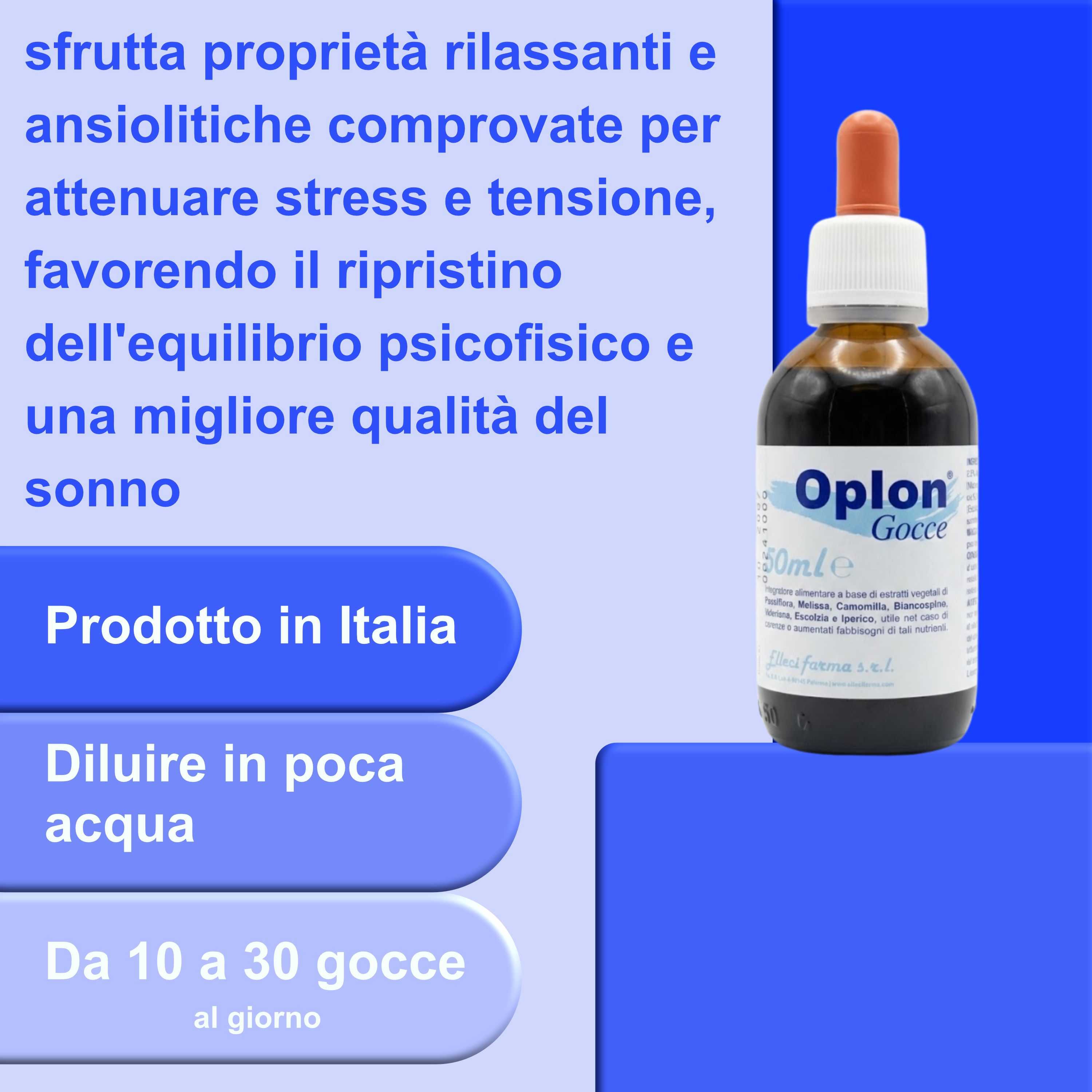 Flacone e scatola del prodotto. Scritta "Oplon Gocce". Flacone con contagocce rosso. Sfondo blu.