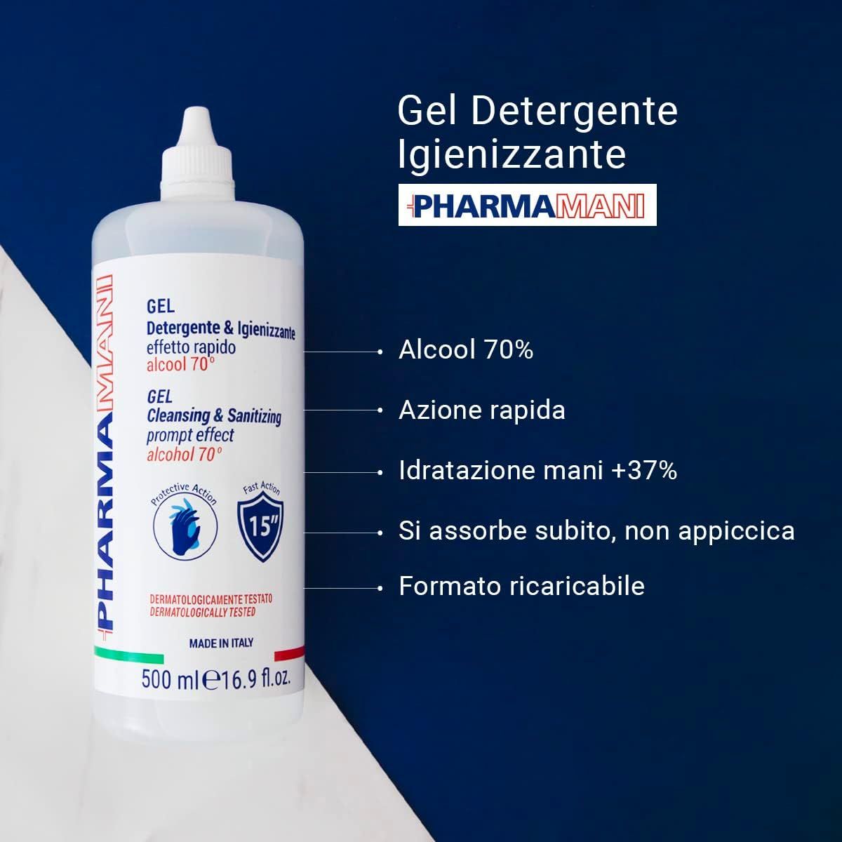 Flacone di gel PHARMAMANI. Contiene il 70% di alcol. Dermatologicamente testato. 500 ml. Azione rapida. Per le mani.