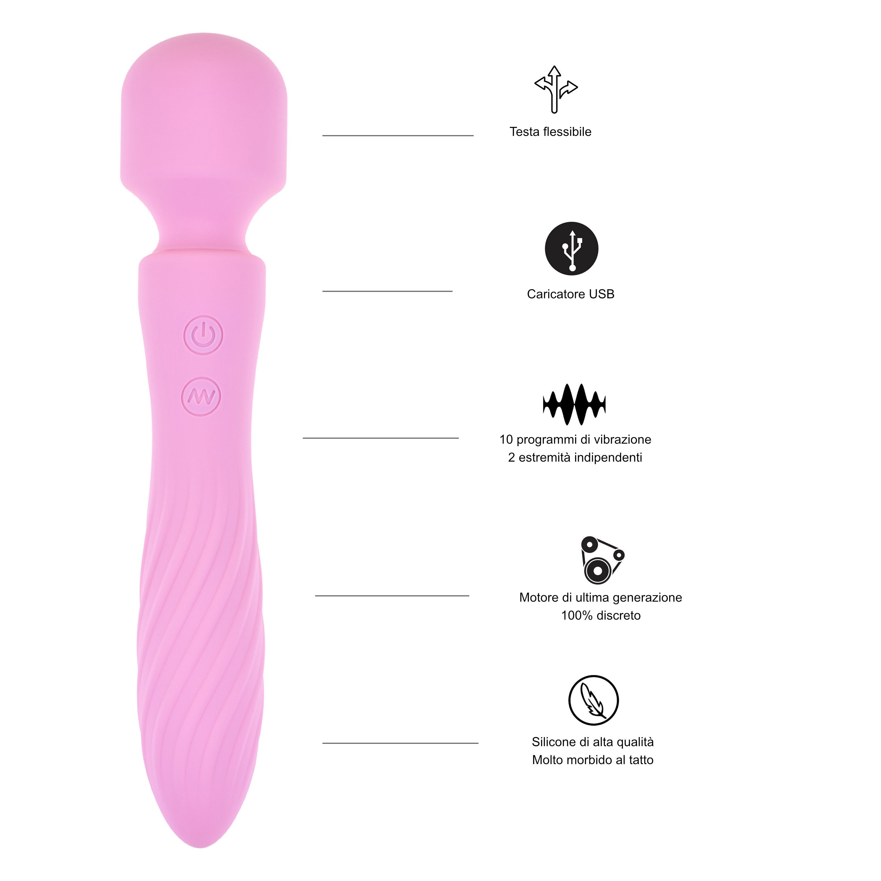 Vibratore rosa con testa flessibile, caricatore USB, 10 programmi di vibrazione, motore discreto.