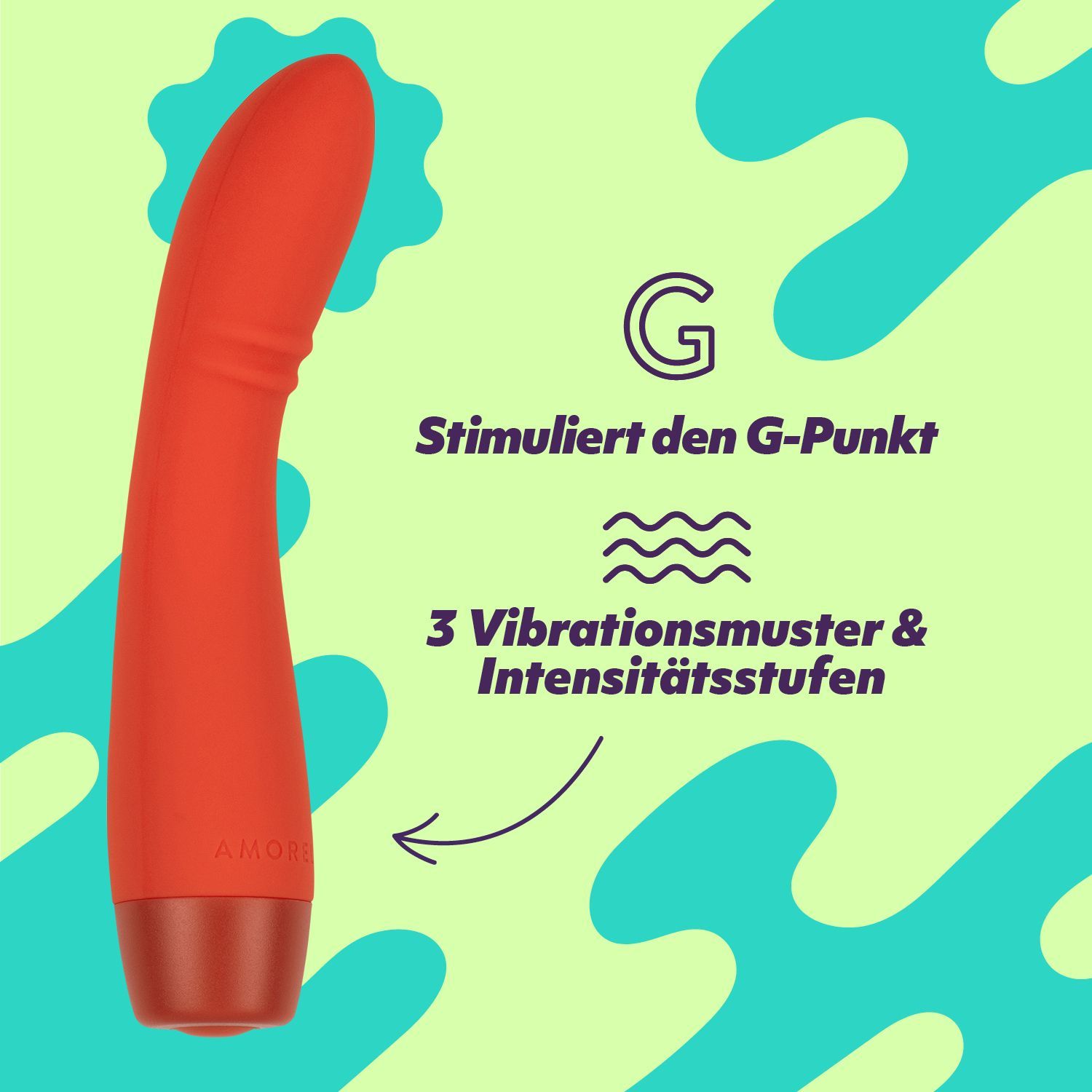 Vibratore rosso con stimolazione del punto G. Testo: 3 modelli di vibrazione e livelli di intensità.