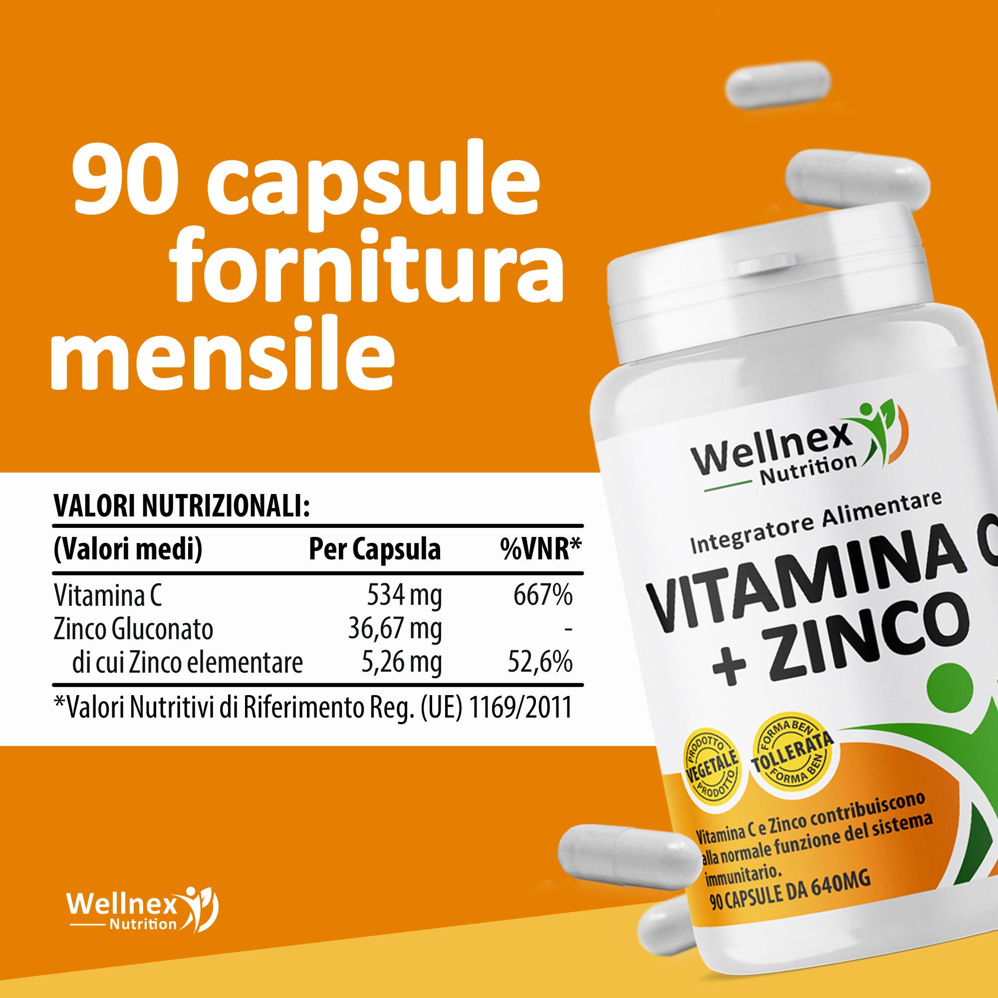 Wellnex Nutrition Vitamina C + Zinco - Supporto Sistema Immunitario - 90 Capsule Vegetali