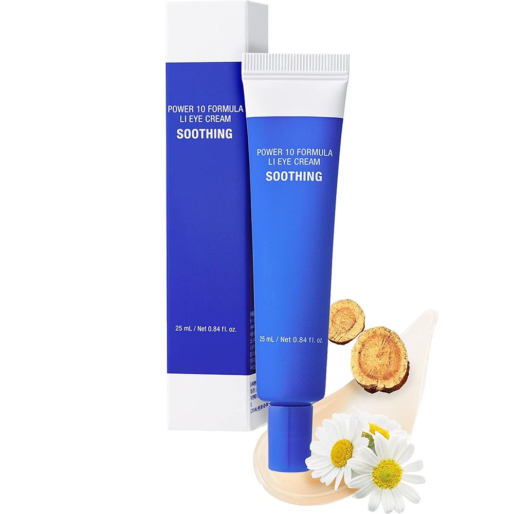 Tubo blu e confezione. Scritta: POWER 10 FORMULA LI EYE CREAM SOOTHING. Camomilla e radice di liquirizia.