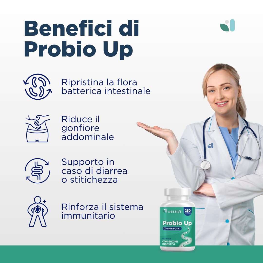 Medico mostra flacone Probio Up. Testo: Benefici di Probio Up. Illustrazioni salute intestinale.