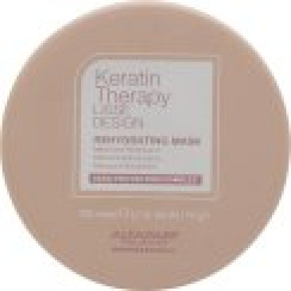 Barattolo con coperchio, vista dall'alto. Scritta: Keratin Therapy LISSE DESIGN REHYDRATING MASK. Marchio: Alfaparf Milano.