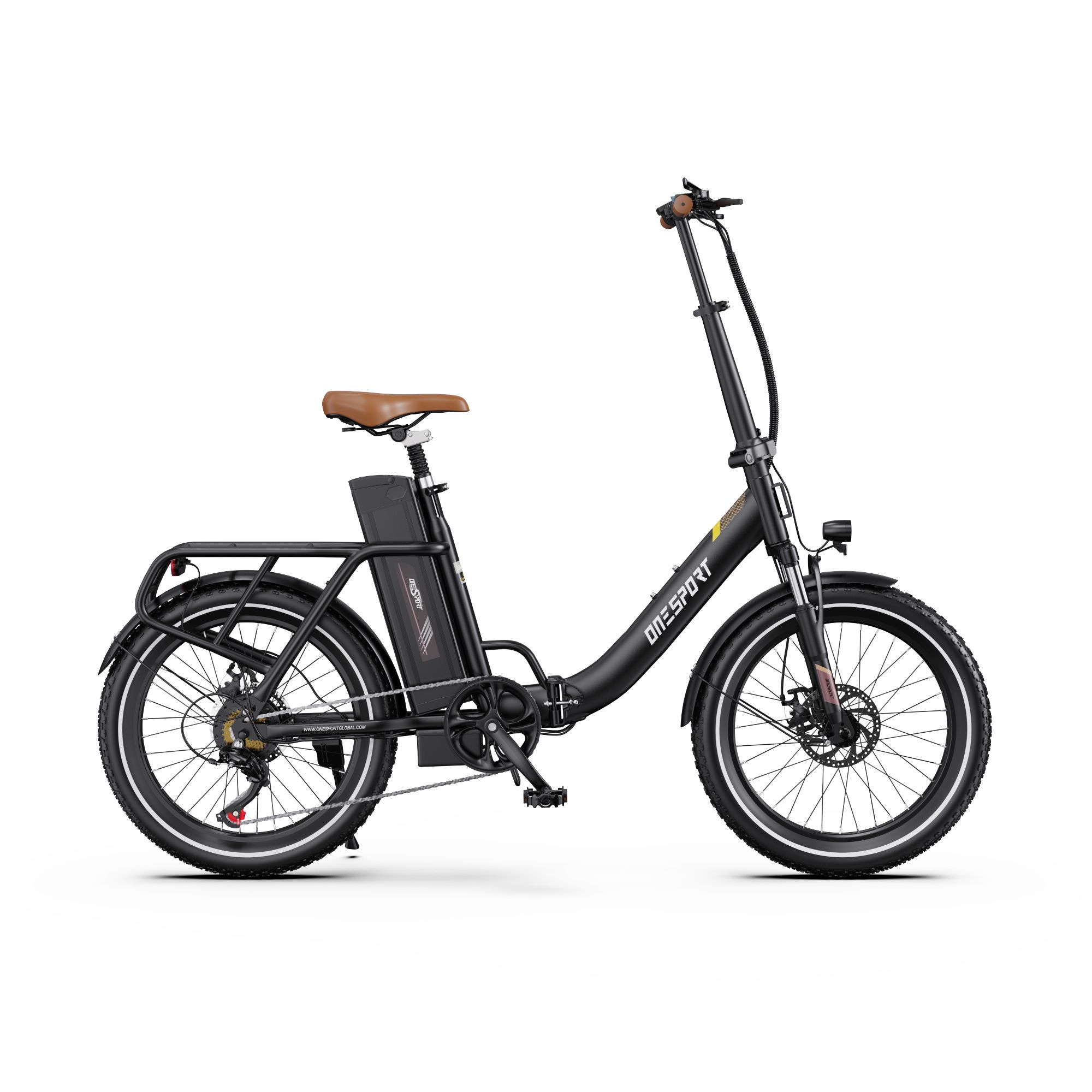 Bicicletta elettrica nera con sella marrone. Marchio ONESPORT visibile. Vista laterale.