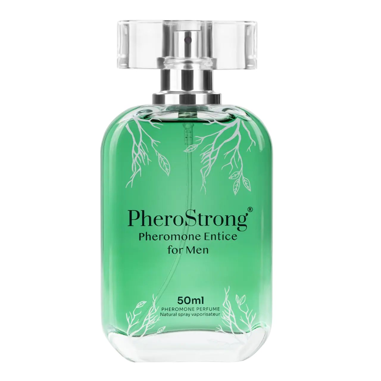 Flacone verde. Scritta: PheroStrong Pheromone Entice for Men. 50ml. Vaporizzatore spray naturale.