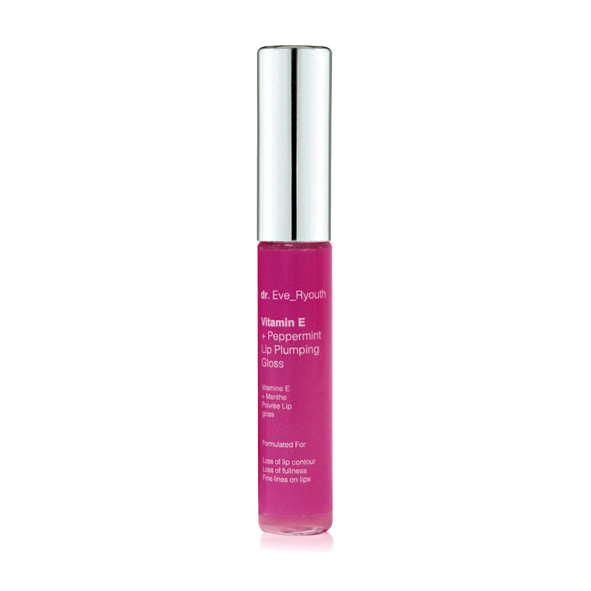 Lucidalabbra rosa con tappo argentato. Scritta: Dr. Eve_Ryouth, Vitamina E + Menta piperita Lip Plumping Gloss.