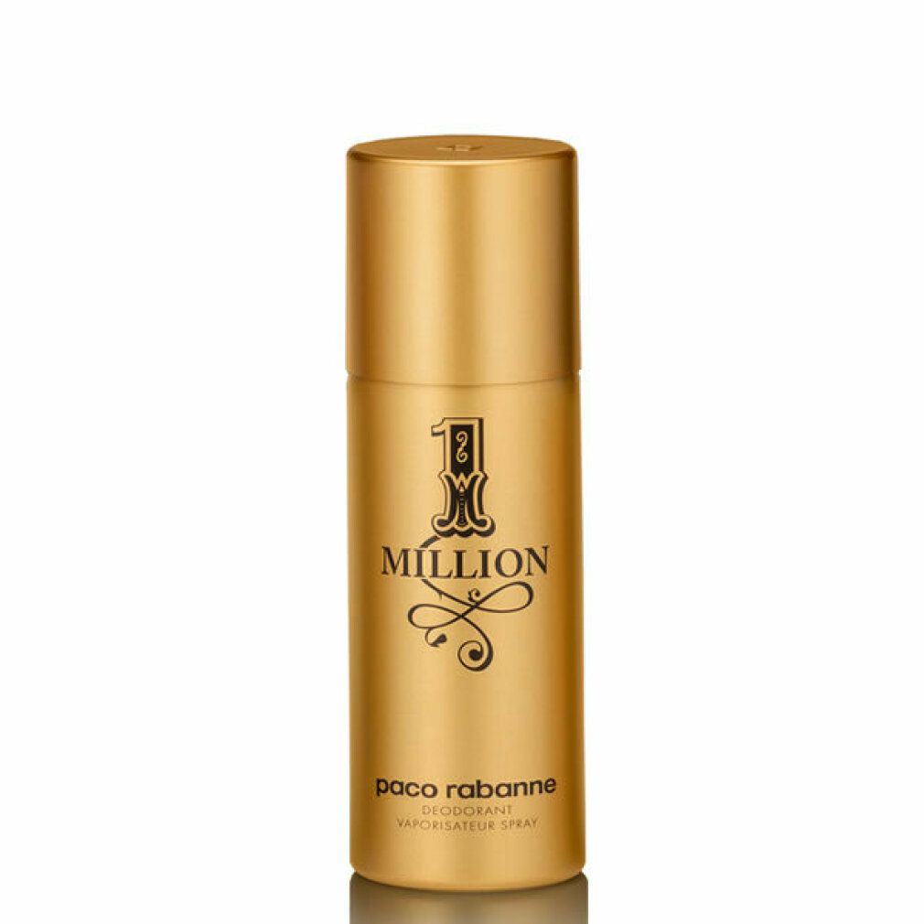 Bomboletta spray deodorante dorata con logo nero "1 Million". Visibili "paco rabanne" e "VAPORISATEUR SPRAY".