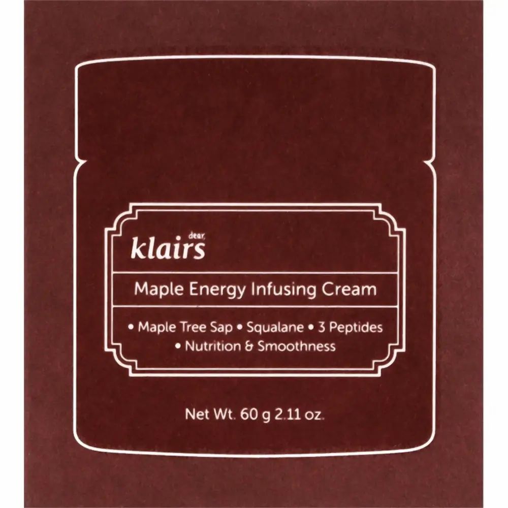 Barattolo marrone con etichetta bianca. Testo: "dear klairs Maple Energy Infusing Cream".