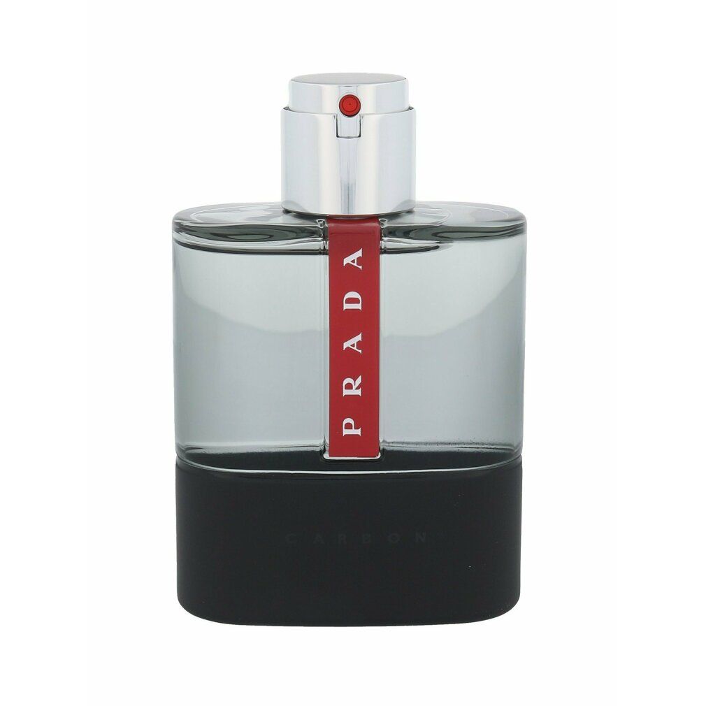 Prada Luna Rossa Carbon Eau de Toilette. Flacone nero, striscia rossa con logo Prada. Tappo argentato.