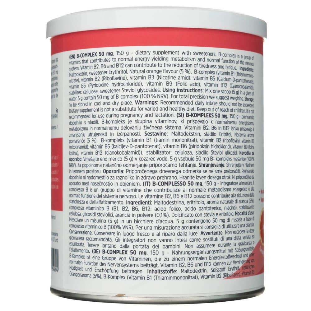 B-COMPLEX 50 mg 150 g integratore alimentare con edulcoranti. Contiene vitamine del gruppo B.