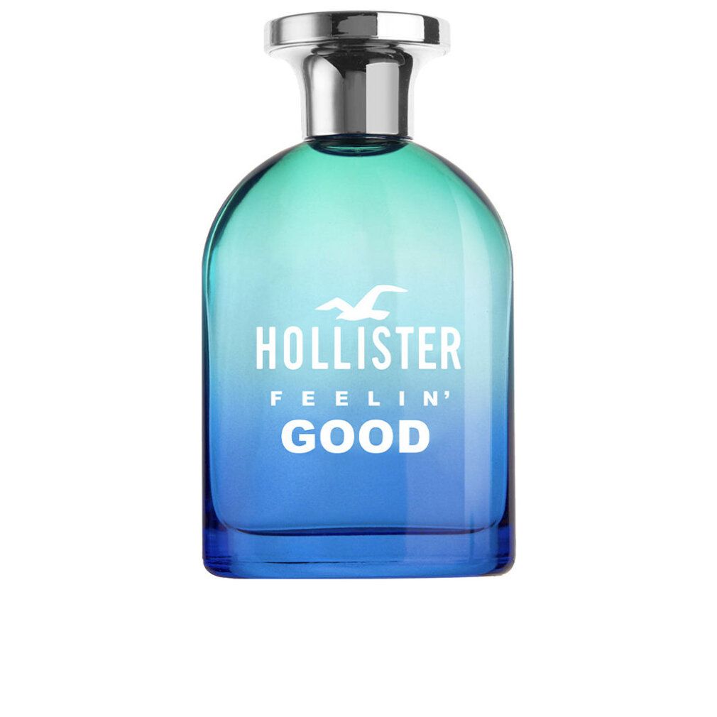 Flacone blu-verde con tappo argentato. Scritta bianca: Hollister Feelin' Good. Logo: gabbiano. Forma del flacone: arrotondata.