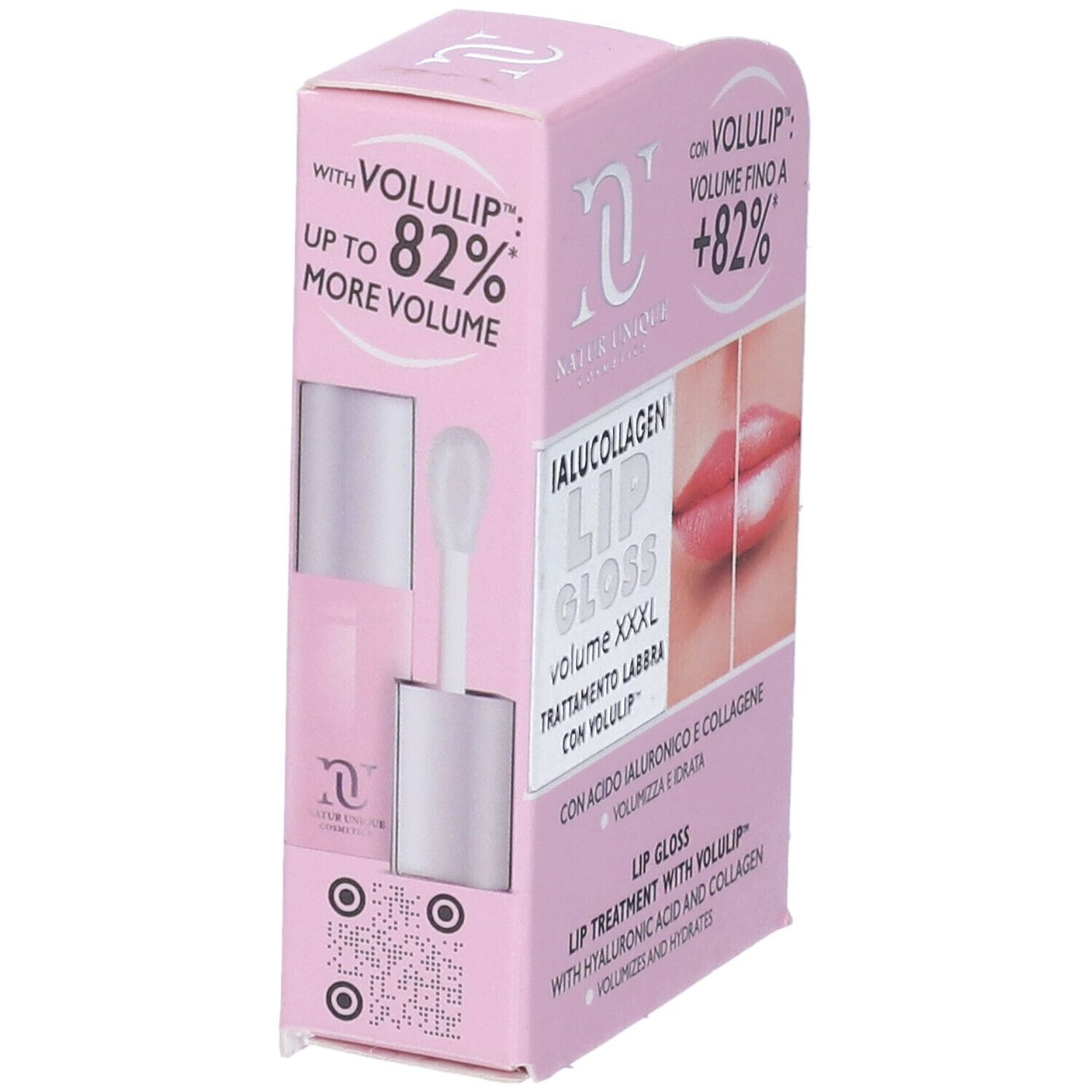 Confezione rosa per Ialucollagen Lip Gloss Volume XXXL. Prodotto e applicatore visibili. Contiene acido ialuronico e collagene.