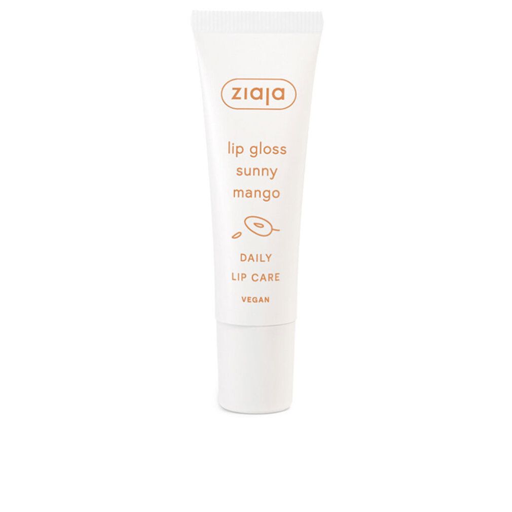 Tubo bianco con stampa marrone. Testo: Ziaja, Lip Gloss Sunny Mango, Daily Lip Care, Vegan. Immagine del prodotto.
