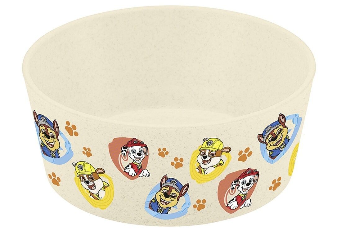 Ciotola beige con motivi Paw Patrol. Immagini ripetute di personaggi Paw Patrol e impronte di zampe.