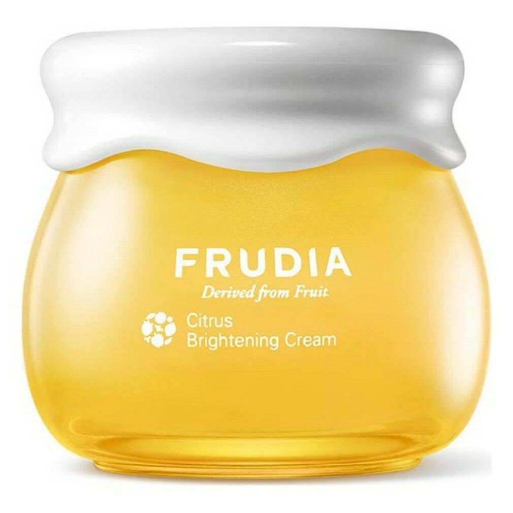 Crema gialla in vasetto con coperchio bianco. Scritta: FRUDIA Citrus Brightening Cream.
