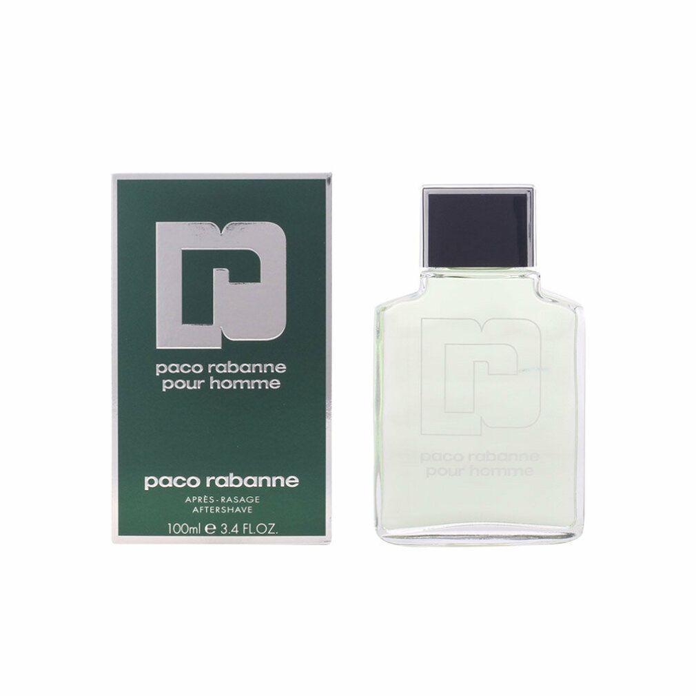 Confezione verde e flacone di vetro verde. Scritta: paco rabanne pour homme. Logo: grande 'P'. Lotion Après-Rasage.